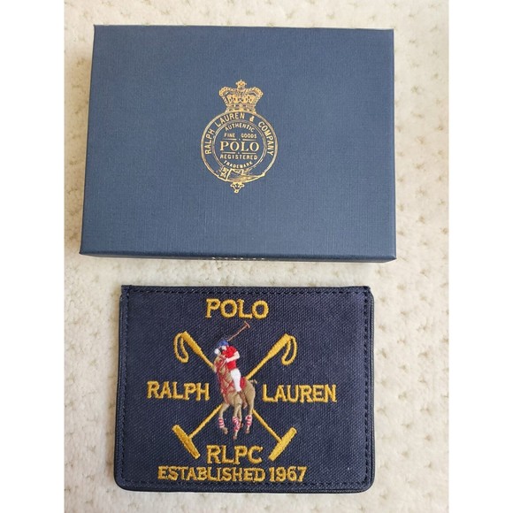 NWT Polo Ralph Lauren Embroidered Crest Canvas Plaid Leather Card Case Wallet - Picture 1 of 3